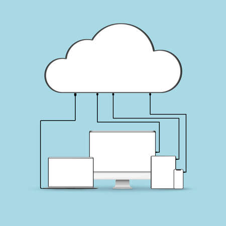 Gadgets connect to the cloud. Cloud and connect computer, phone, laptop, phone and tablet.のイラスト素材