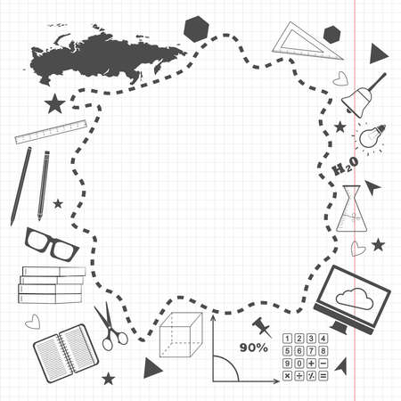 Outline drawing and a sheet of paper in a cell and various school supplies. Space for text.のイラスト素材