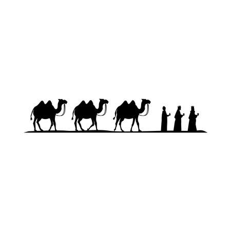 Magi with gifts and camels behind. Black silhouette on a white background.のイラスト素材