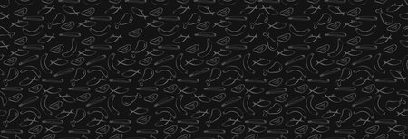 Food items on a black background, fish, meat and sausage. Seamless banner.のイラスト素材