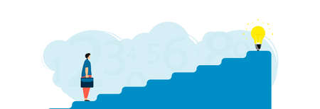 Businessman walks up the stairs to a great idea in the form of a bright light bulb.のイラスト素材