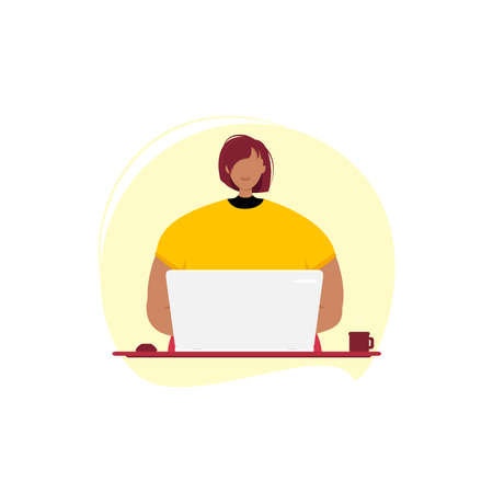 Girl sitting in the office or at home at the computer and drinking coffee.のイラスト素材
