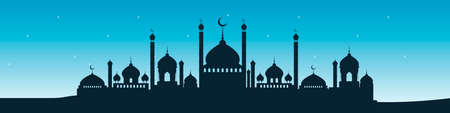 Mosque building on a background of blue sky with stars. banner for islamic holiday.
