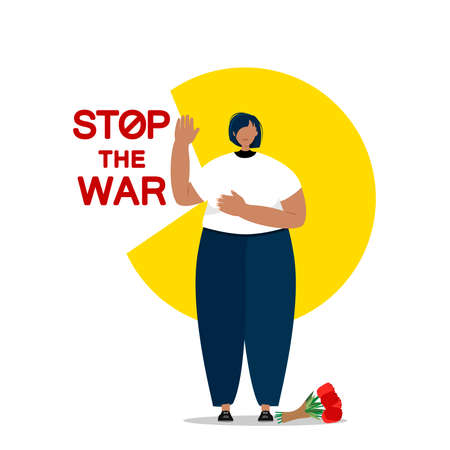 The woman says stop to the war, and raises her right hand showing the stop.のイラスト素材