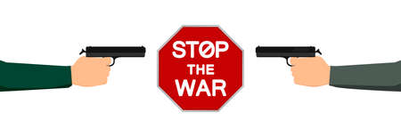 A man shoots at a man and a stop sign of war between them.のイラスト素材