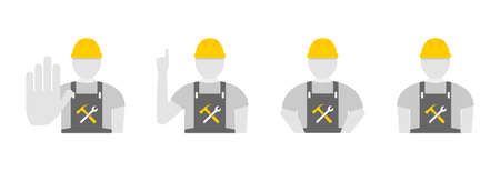 Man in a construction helmet and overalls. Human icon in different positions of movement.のイラスト素材