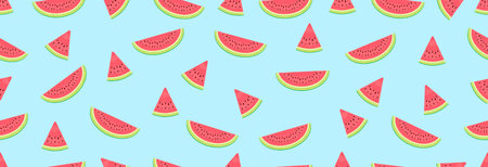 Many pieces of watermelon scattered on a blue background. Seamless pattern.のイラスト素材