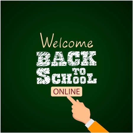 Welcome back to school online. Hand pointing to online button.のイラスト素材
