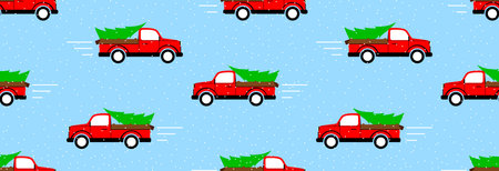 A pickup truck carries a Christmas tree on a background of falling snow, seamless pattern.のイラスト素材