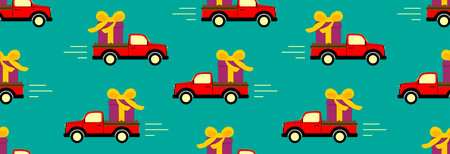 The car is carrying a holiday gift. Seamless pattern.のイラスト素材