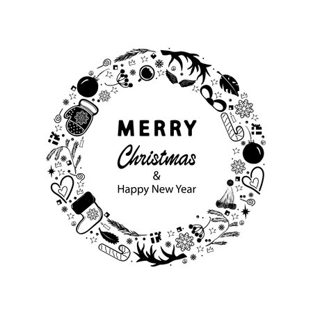 Christmas round wreath with different New Year or Christmas symbols.のイラスト素材