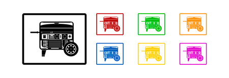 Gasoline or diesel power generator on wheels for convenient movement. set of icons.