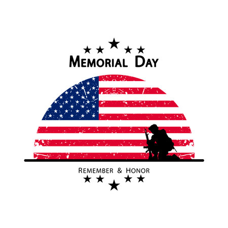 Memorial Day, flag of the United States of America in the form of a sun and soldiers kneeling.のイラスト素材