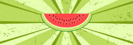 A slice of sweet red watermelon on a green background.のイラスト素材