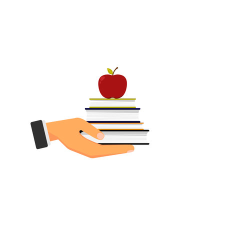 A hand holds a large stack of books and an apple.のイラスト素材