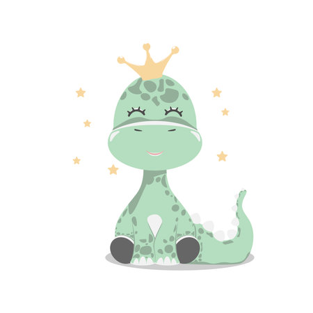 Cute cartoon dinosaur with a crown on his head. Dino girl.のイラスト素材