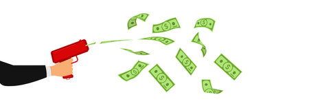 A man shoots dollars from a money gun. Illustration of quick expenses or profits.のイラスト素材
