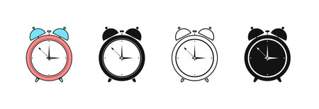 Alarm clock icon in different variations on a white background.
