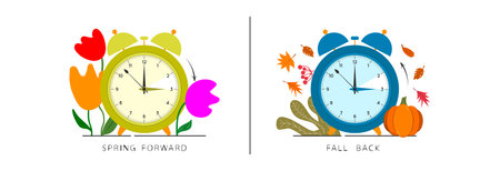 The clock on the background of different seasons. The hand of the clocks turning to winter or summer...