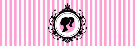 A black silhouette of a doll on a striped pink background.のイラスト素材