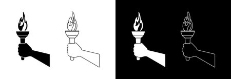 A hand with a burning torch on a white and black background.のイラスト素材