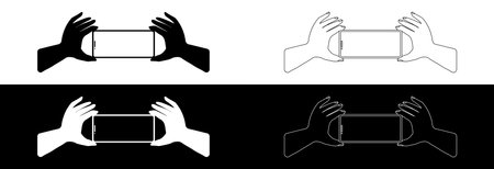 Hands holding phone making selfie photo. Icon on a black and white background.のイラスト素材