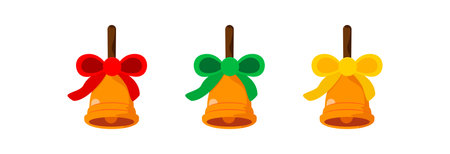 A golden bell with a bow in different colors. A bell for Christmas or the first day of school.のイラスト素材