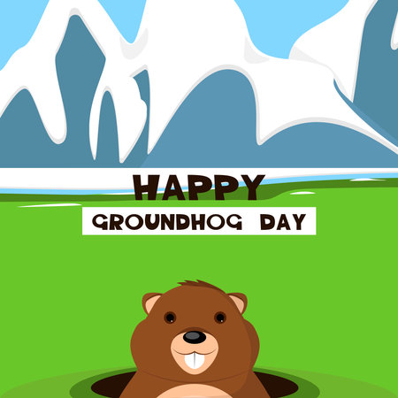Happy day of the groundhog that woke up and looks out of the hole.のイラスト素材