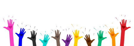 Raised hands with heart by different people. Unite for a common cause.のイラスト素材