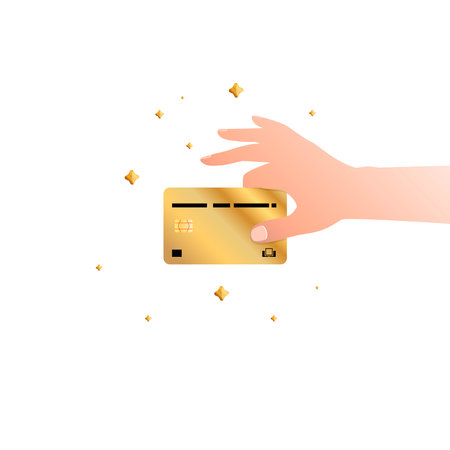 A hand holds a golden bank card on a white background.のイラスト素材