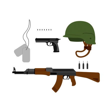 Military helmet, machine gun, pistol and military name badge.のイラスト素材