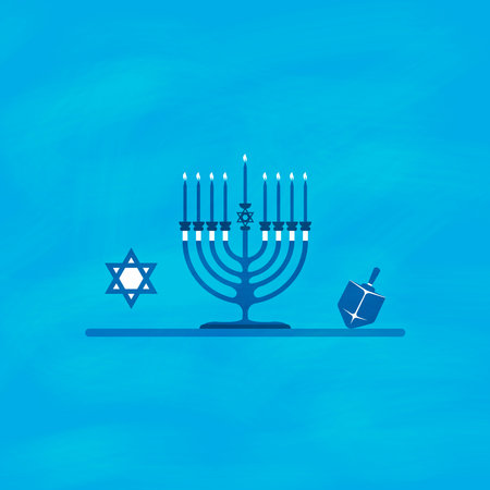Happy Hanukkah, a candlestick and a bright Star of David and a family game Dreidel for the Jewish holiday of Hanukkah.のイラスト素材