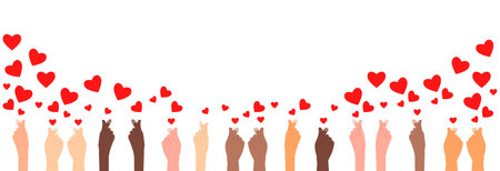 Hand gesture creates a heart of love. Concept of love and multinationality. Different peoples together in a heart.のイラスト素材