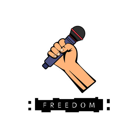 A person holds a microphone in his hand as a symbol of freedom of speech.のイラスト素材