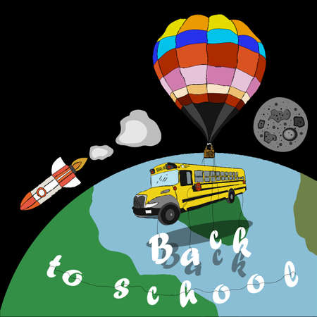 back to school in space with balloon and school bus and rocket with the moon.のイラスト素材