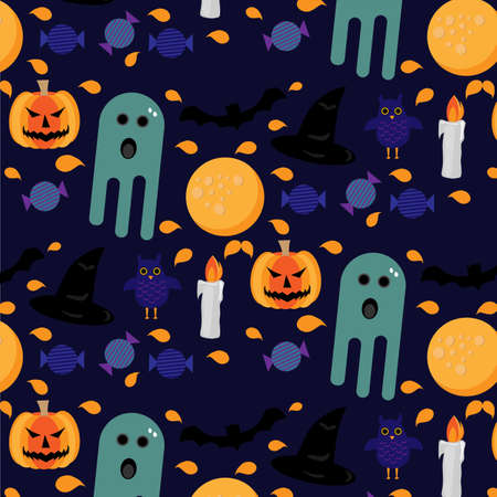 pattern haloween in dark purple color background with gost, pumpkin, sweet, bat, hat, candle and moonのイラスト素材