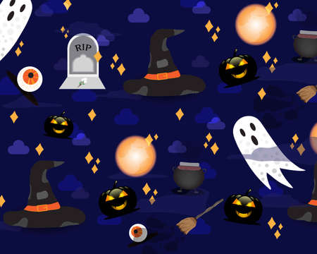 pattern haloween in dark purple color background with gost, pumpkin, sweet, bat, hat, candle and moonの写真素材