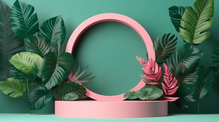 blank podium for product display with floral decorationの素材