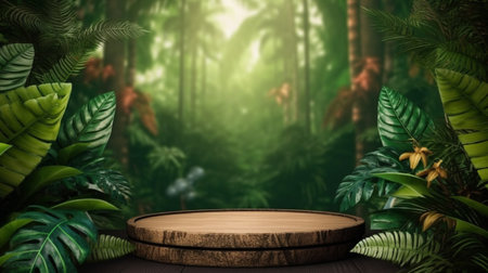 Wooden product display podium with green tropical forest backgroundの素材
