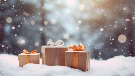 gift box with blur background. festive present for special holiday poster banner and greeting card decorationの素材