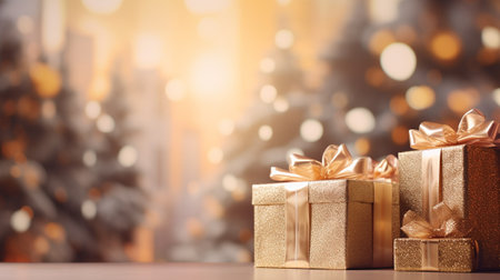 gift box with blur background. festive present for special holiday poster banner and greeting card decorationの素材