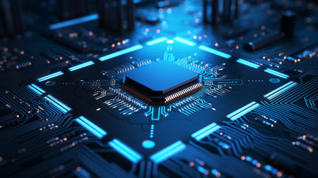 computer chip set with electronics motherboard. closed up and selective focusの素材