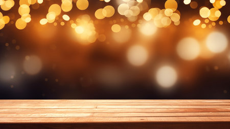 blank wooden table top board with blur festive background for product displayの素材
