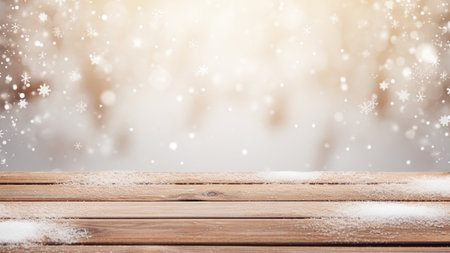blank wooden table top board with blur festive background for product displayの素材