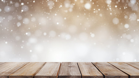 blank wooden table top board with blur festive background for product displayの素材