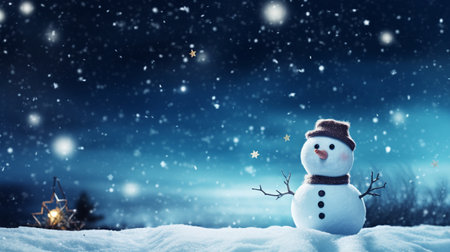 snowman in snowy winter night with beautiful blue sky background for festive holiday decorationの素材