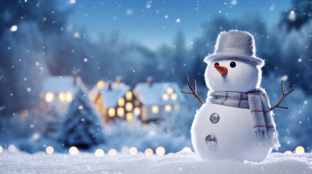 snowman in snowy winter night with beautiful blue sky background for festive holiday decorationの素材