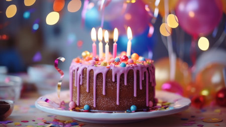 cake with festive colorful candle decoration in celebration partyの素材