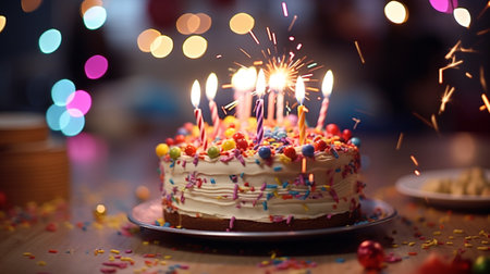 cake with festive colorful candle decoration in celebration partyの素材