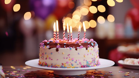 cake with festive colorful candle decoration in celebration partyの素材